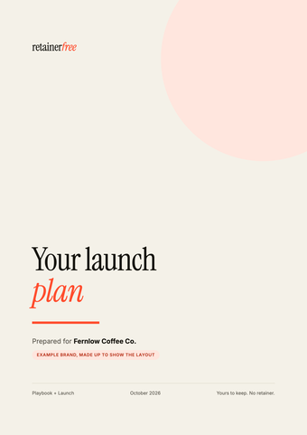 The cover of a RetainerFree launch plan, prepared for Fernlow Coffee Co., an example brand we made up