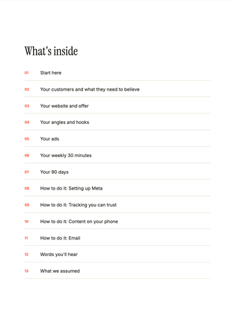 The contents of a RetainerFree playbook: your customers, your website and offer, your ads, your weekly 30 minutes, your 90 days, and how-to chapters