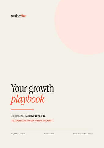 The cover of a RetainerFree growth playbook, prepared for Fernlow Coffee Co., an example brand we made up